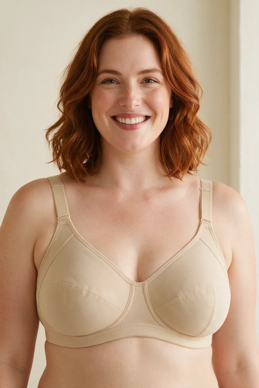 A model wearing a beige full-coverage soft-cup everyday bra