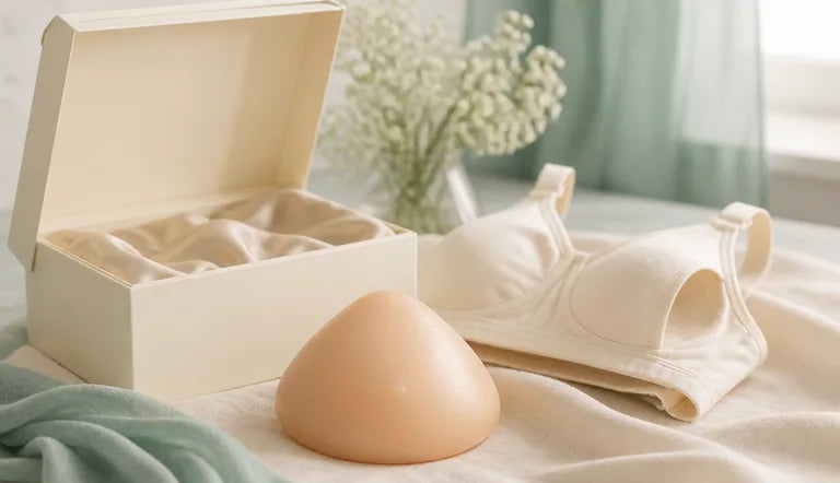 A breast form beside its presentation box and a pocketed bra